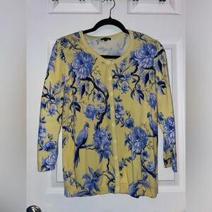 Talbots Lightweight Yellow Cardigan with Blue Floral & Bird Print